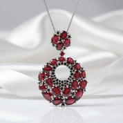 Round Natural Garnet Gemstone Pendant Necklace-Black Diamonds New York