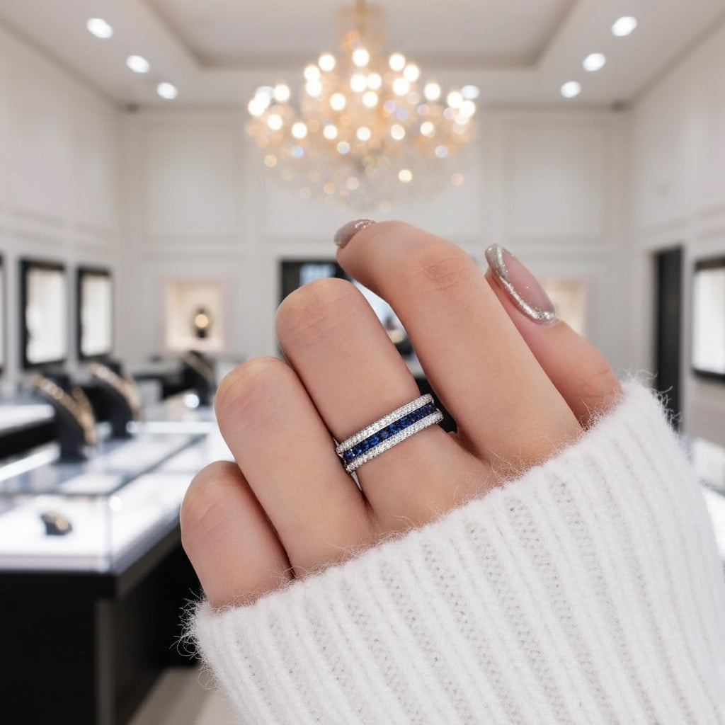 Round Sapphire Half Eternity Wedding Band with Diamond-Black Diamonds New York