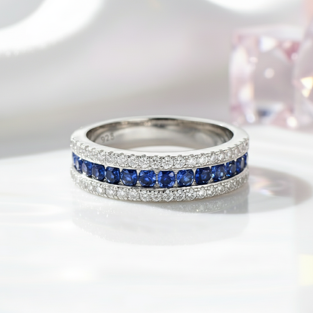 Round Sapphire Half Eternity Wedding Band with Diamond-Black Diamonds New York