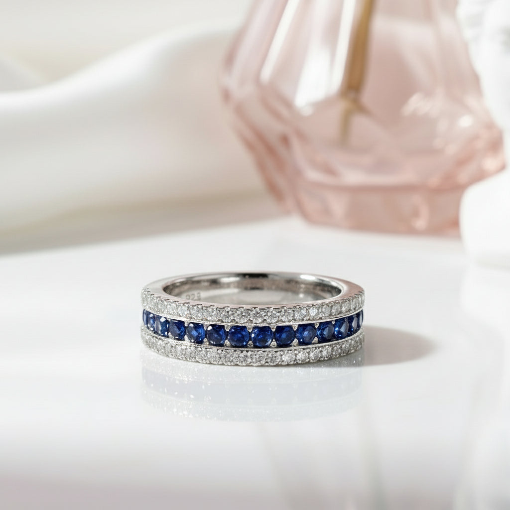 Round Sapphire Half Eternity Wedding Band with Diamond-Black Diamonds New York