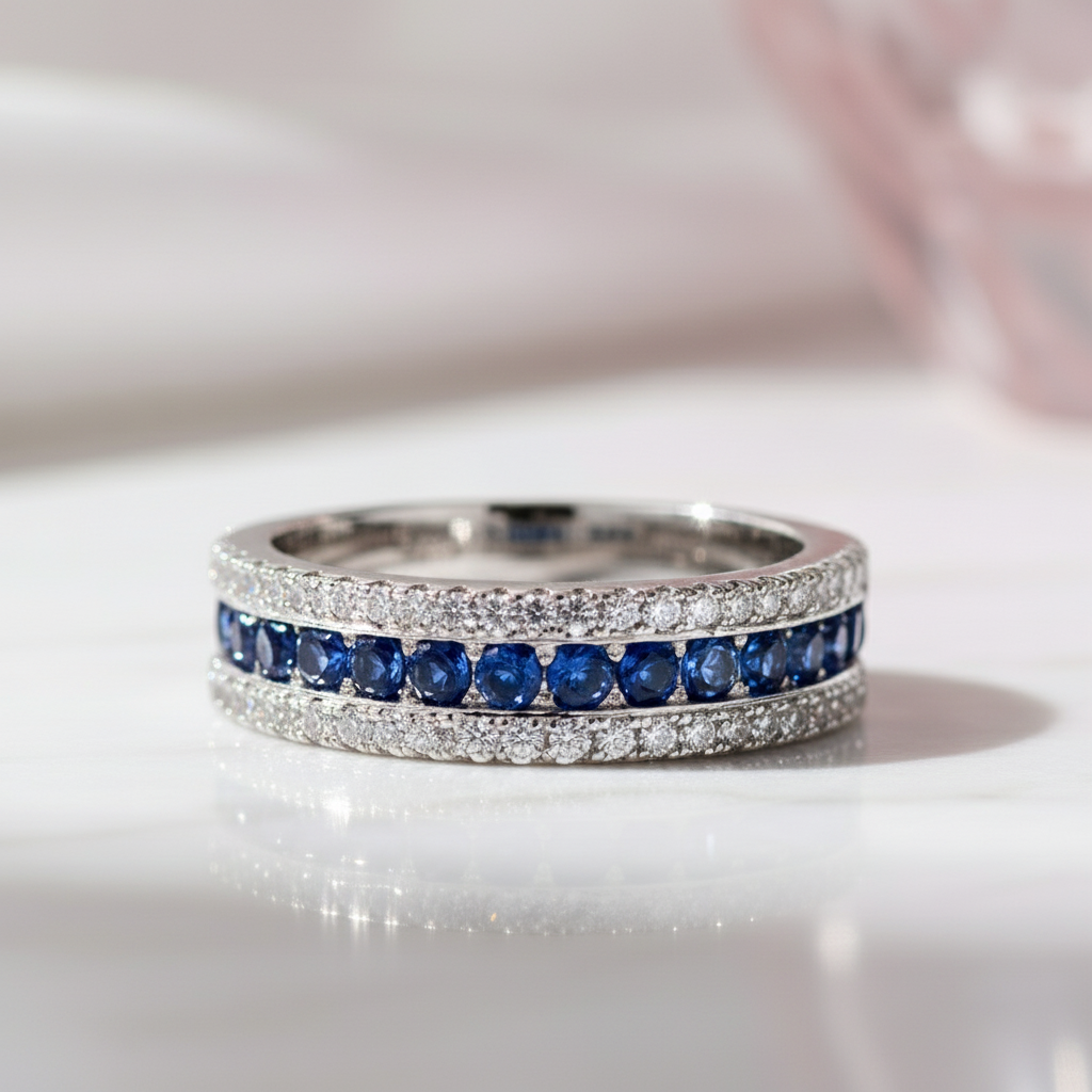 Round Sapphire Half Eternity Wedding Band with Diamond-Black Diamonds New York
