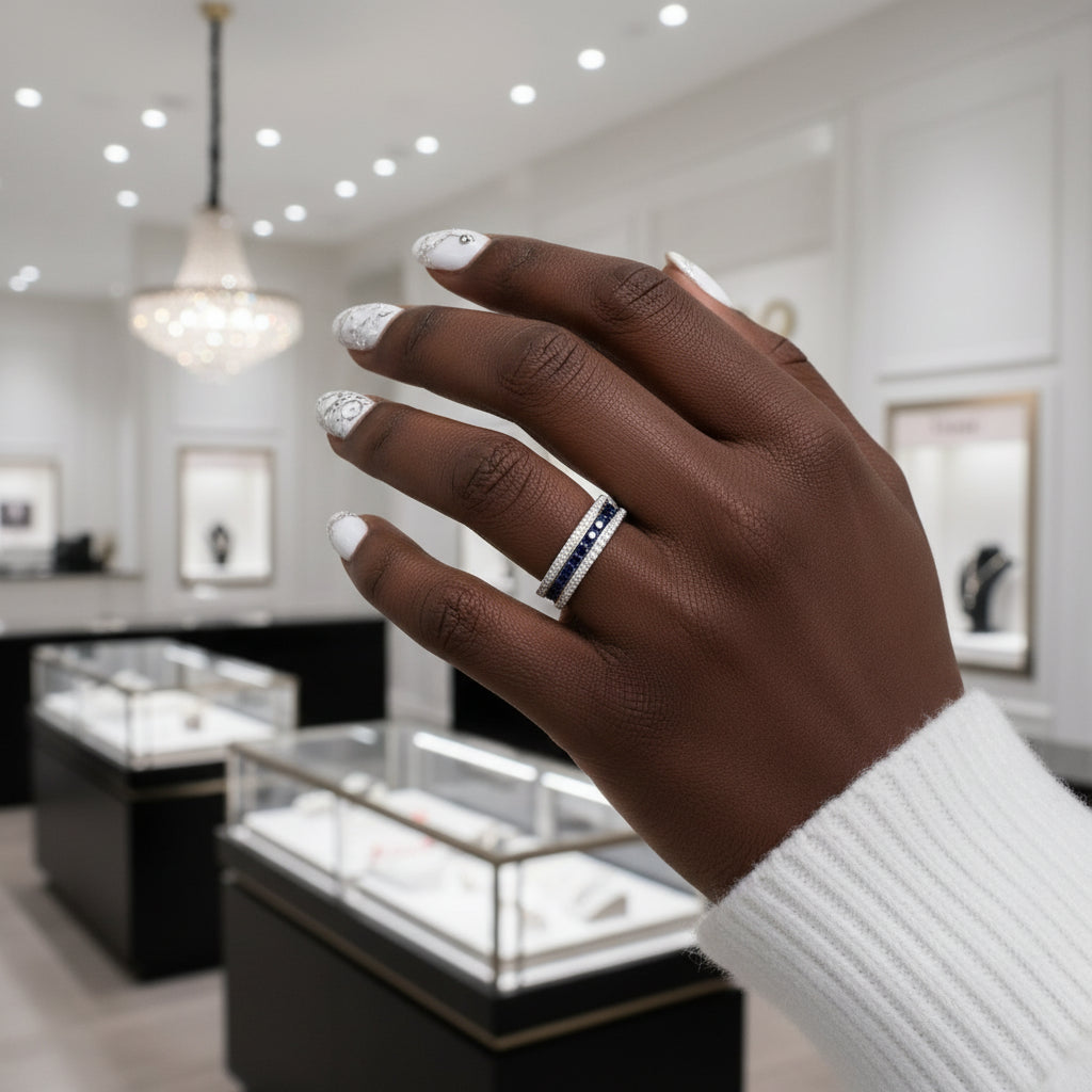 Round Sapphire Half Eternity Wedding Band with Diamond-Black Diamonds New York