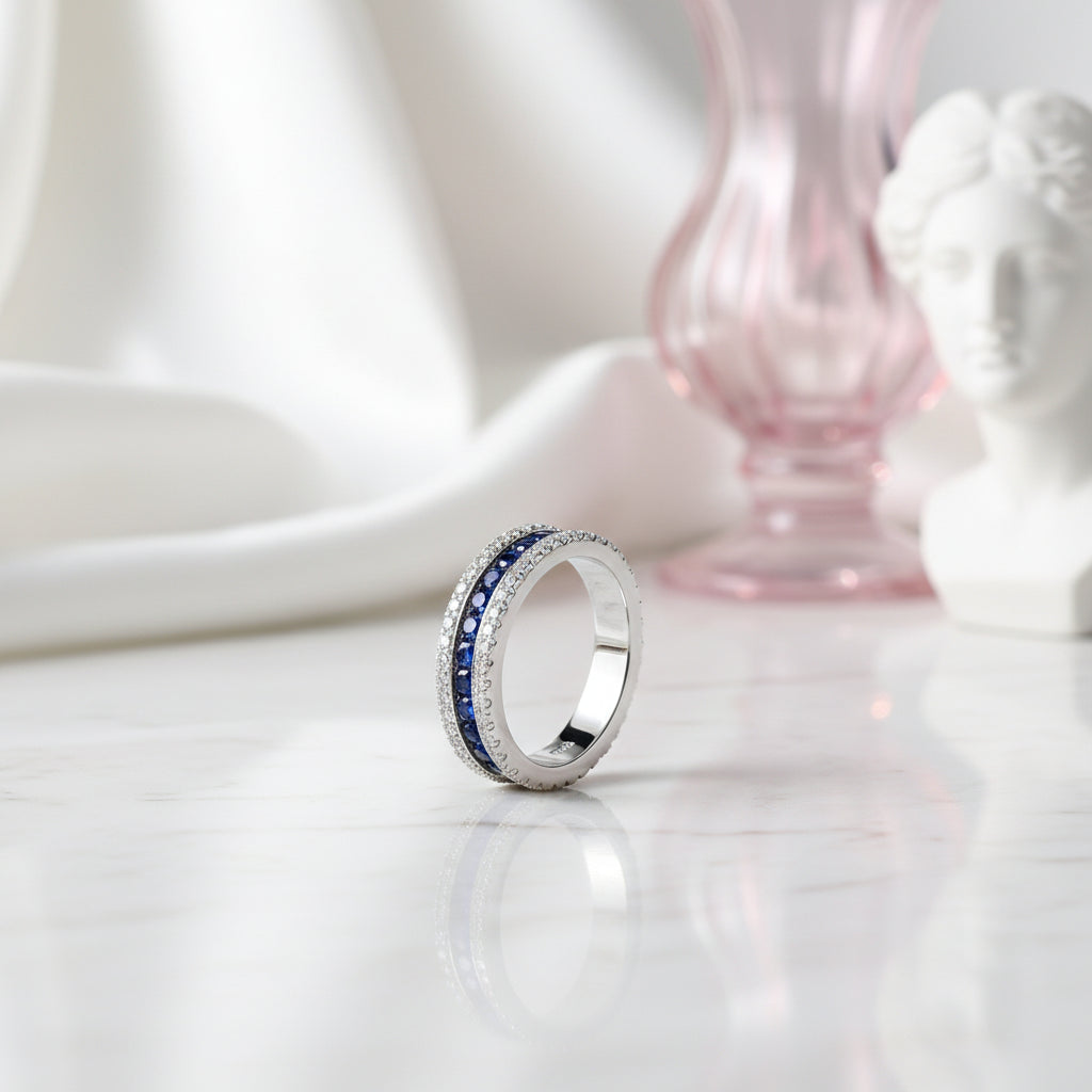 Round Sapphire Half Eternity Wedding Band with Diamond-Black Diamonds New York