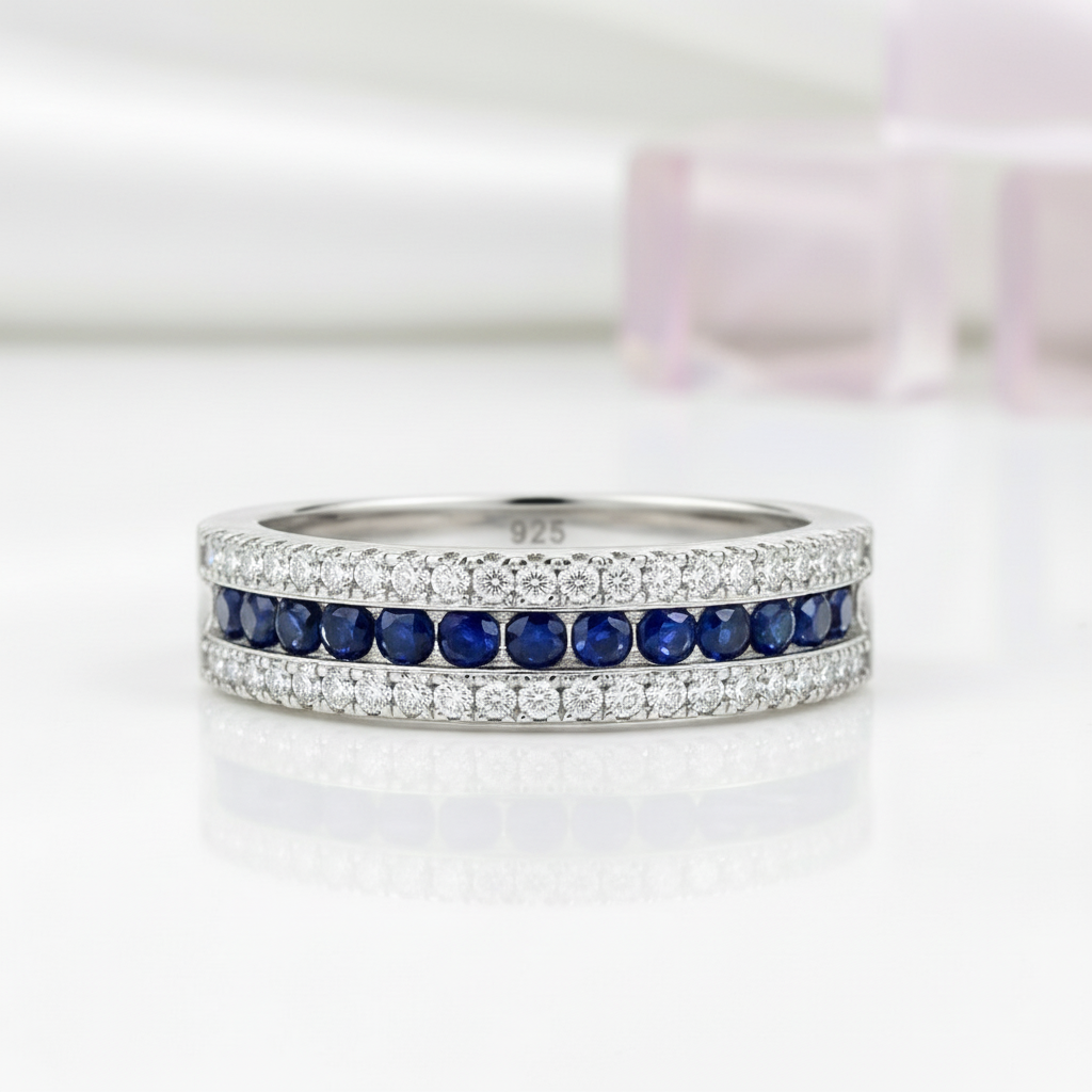 Round Sapphire Half Eternity Wedding Band with Diamond-Black Diamonds New York