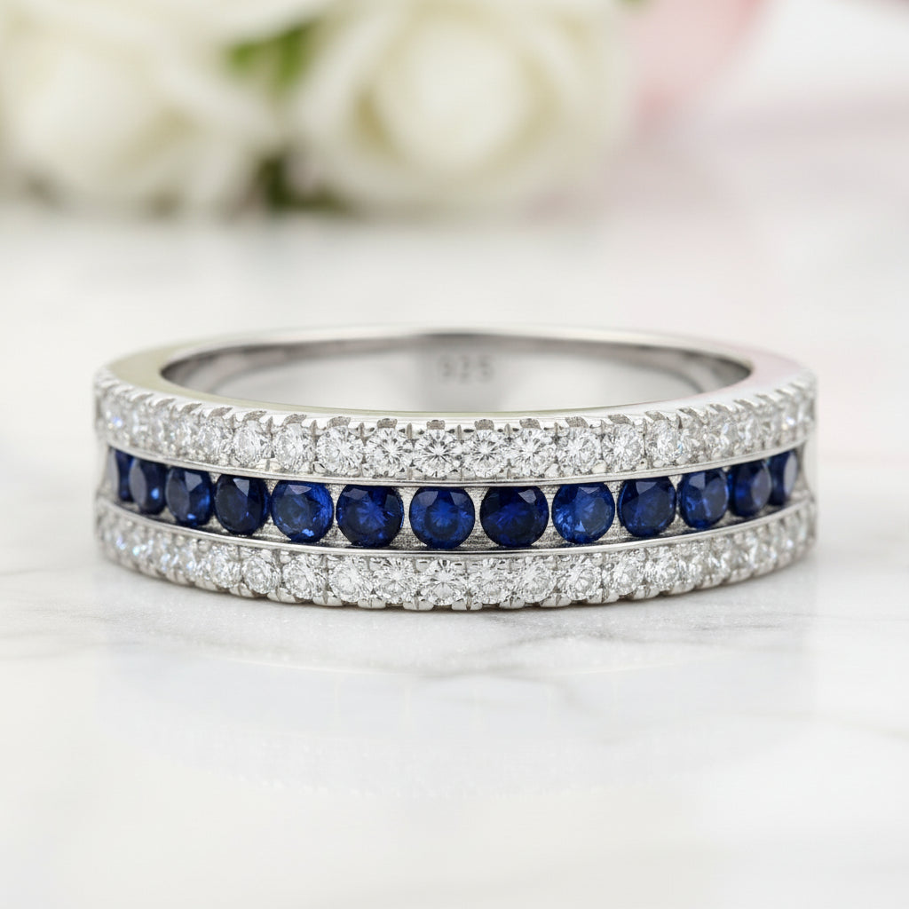 Round Sapphire Half Eternity Wedding Band with Diamond-Black Diamonds New York