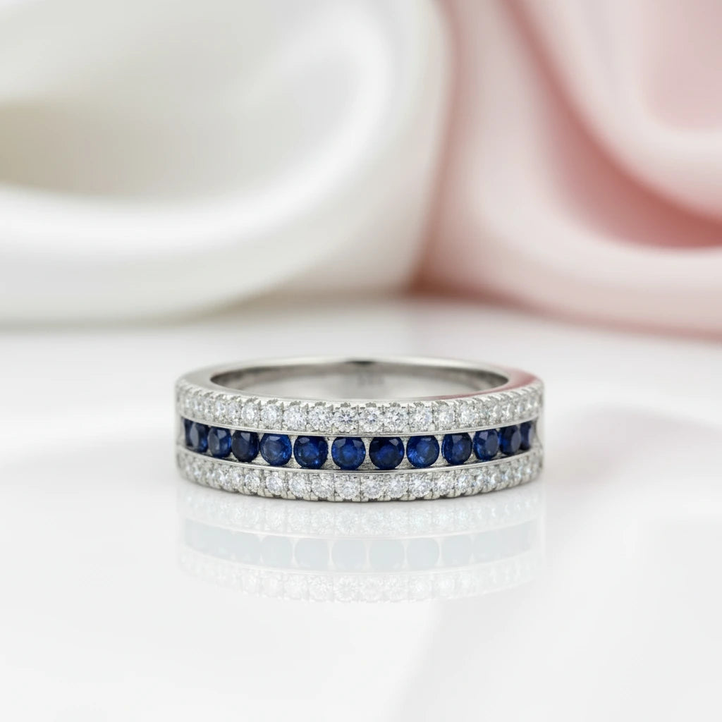 Round Sapphire Half Eternity Wedding Band with Diamond Option-Black Diamonds New York
