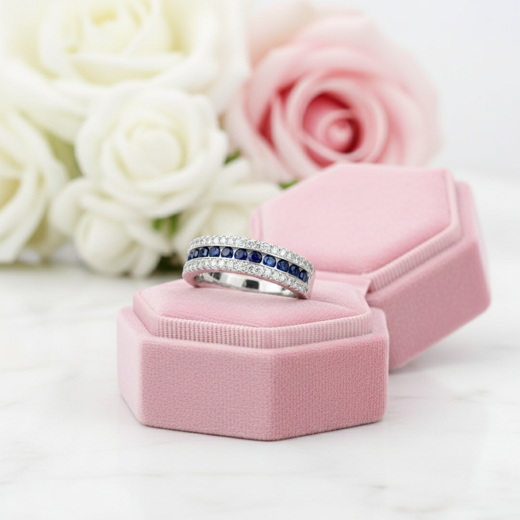 Round Sapphire Half Eternity Wedding Band with Diamond Option-Black Diamonds New York
