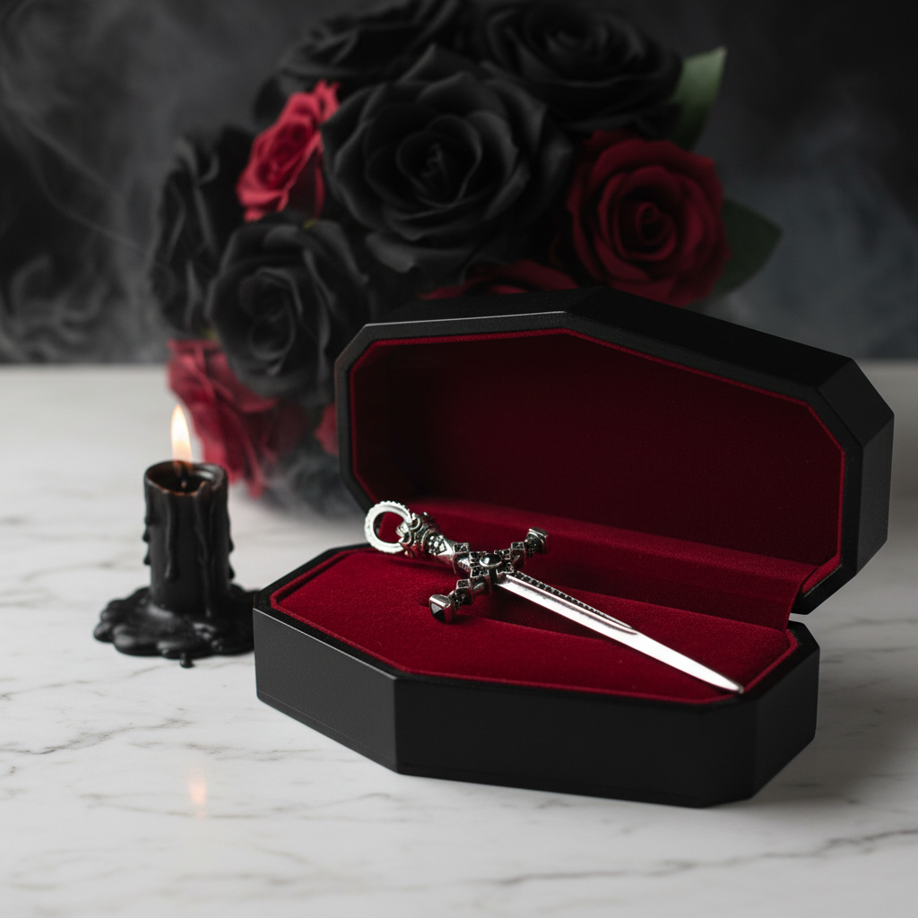 Silver key-shaped object in a black box with red interior, surrounded by dark roses and a candle on a marble surface.