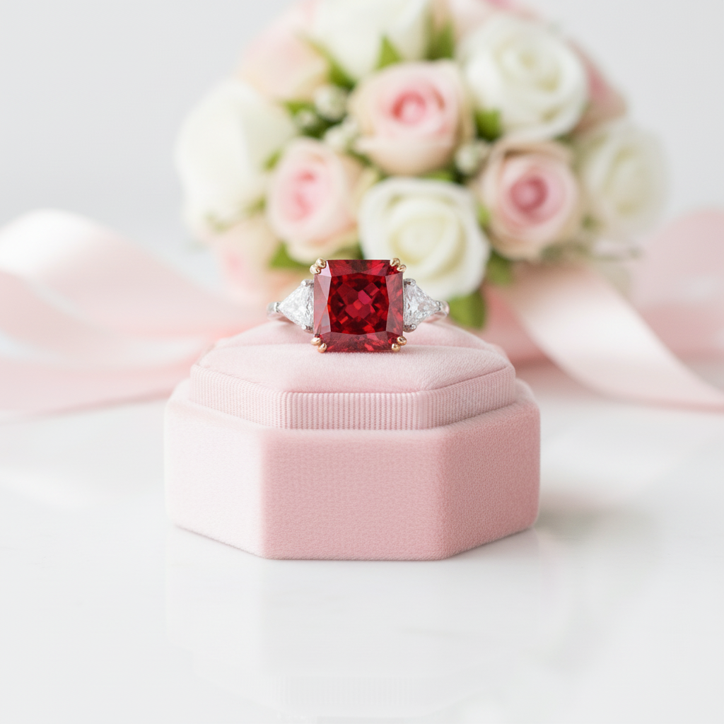 Ruby Radiant & Triangle Cut Three Stone Engagement Ring-Black Diamonds New York