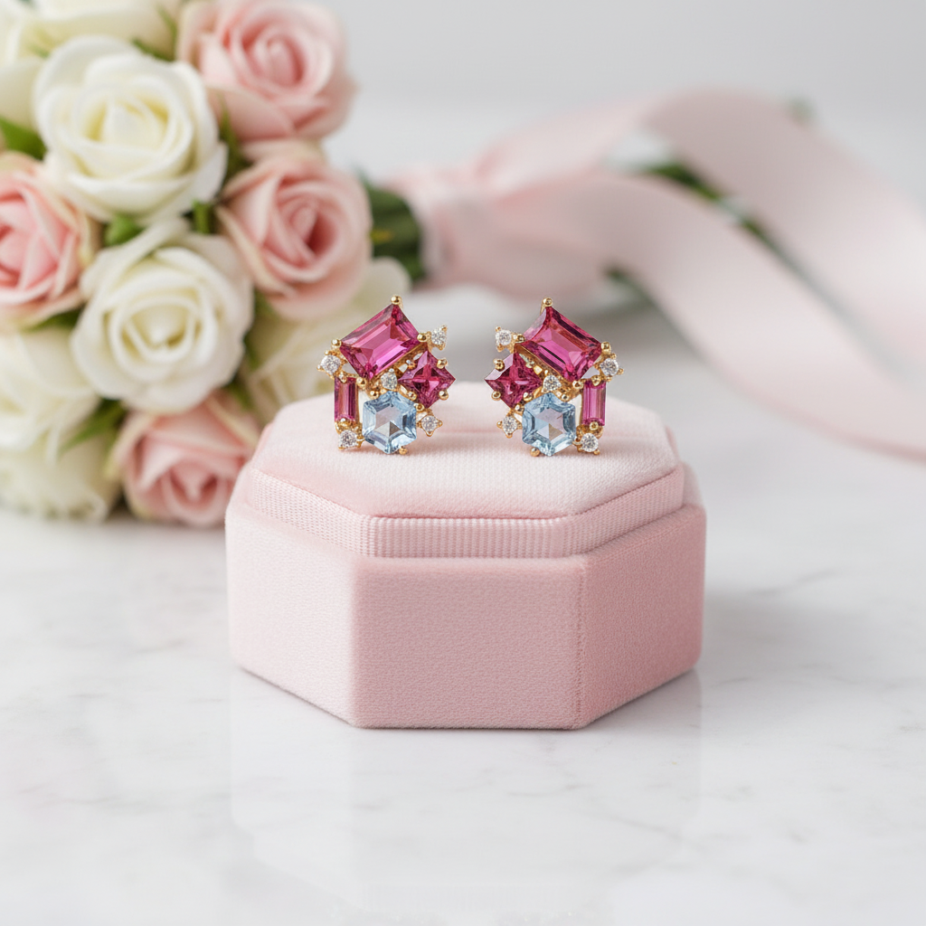 Ruby, Topaz & Tourmaline Gemstone Stud Earrings-Black Diamonds New York