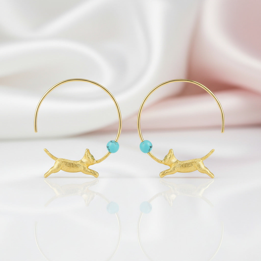 Running Cat with Balloon Round Hoop Earrings-Black Diamonds New York