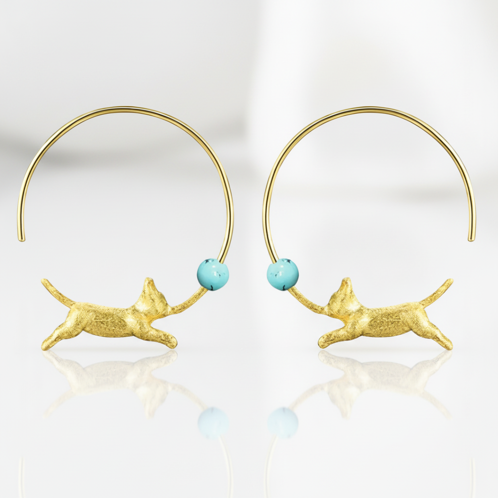 Running Cat with Balloon Round Hoop Earrings-Black Diamonds New York