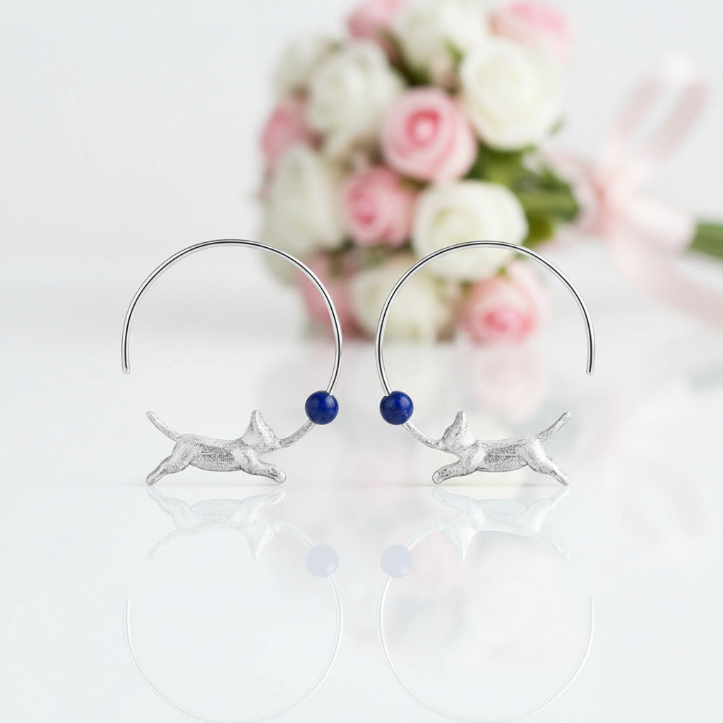 Running Cat with Balloon Round Hoop Earrings-Black Diamonds New York