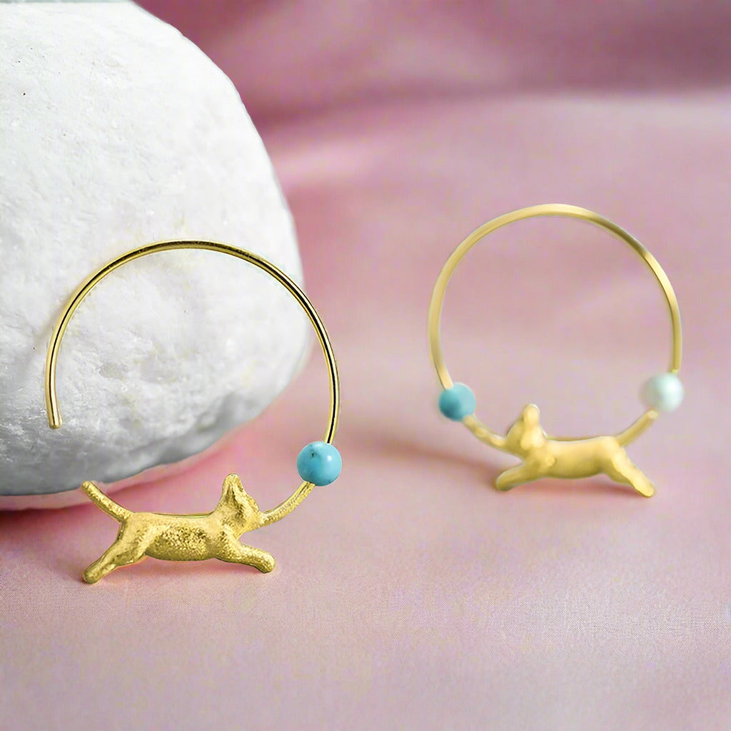Running Cat with Balloon Round Hoop Earrings-Black Diamonds New York