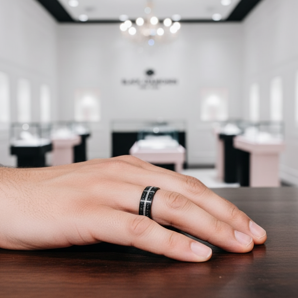 Sand and Stone Men's Tungsten Wedding Band-Black Diamonds New York