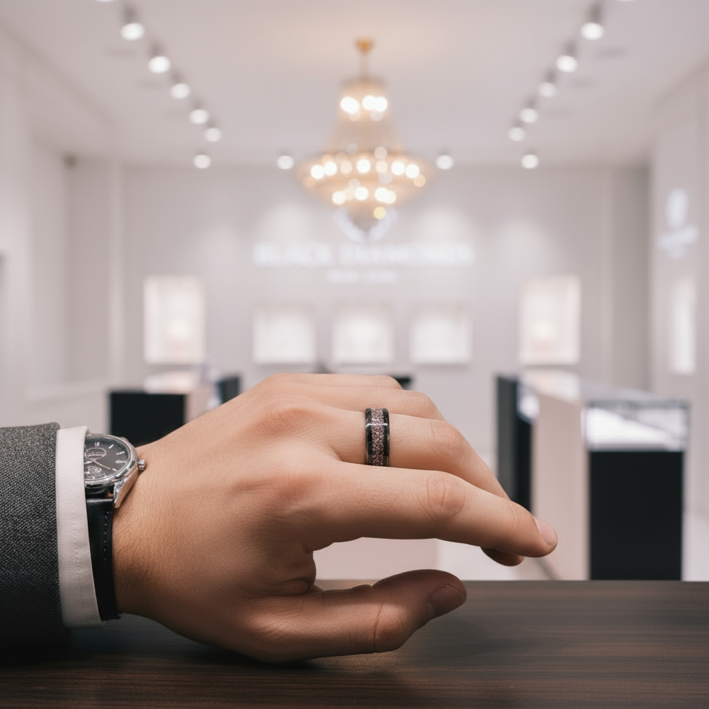 Sandstone Inlay Men's 8mm Tungsten Wedding Band-Black Diamonds New York