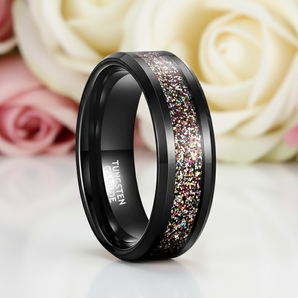 Sandstone Inlay Men's 8mm Tungsten Wedding Band-Black Diamonds New York