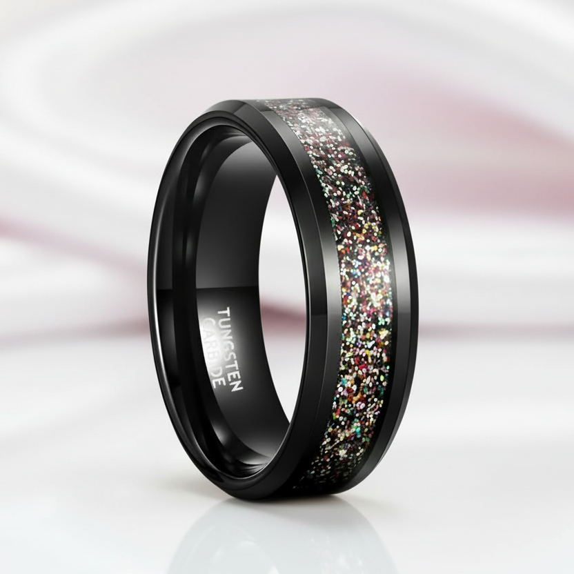 Sandstone Inlay Men's 8mm Tungsten Wedding Band-Black Diamonds New York