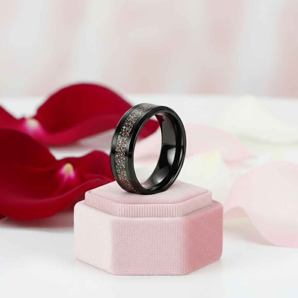 Sandstone Inlay Men's 8mm Tungsten Wedding Band-Black Diamonds New York