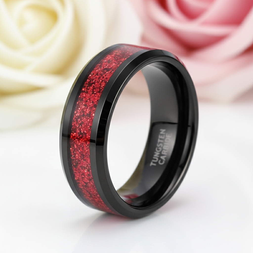 Sandstone Inlay Men's 8mm Tungsten Wedding Band-Black Diamonds New York