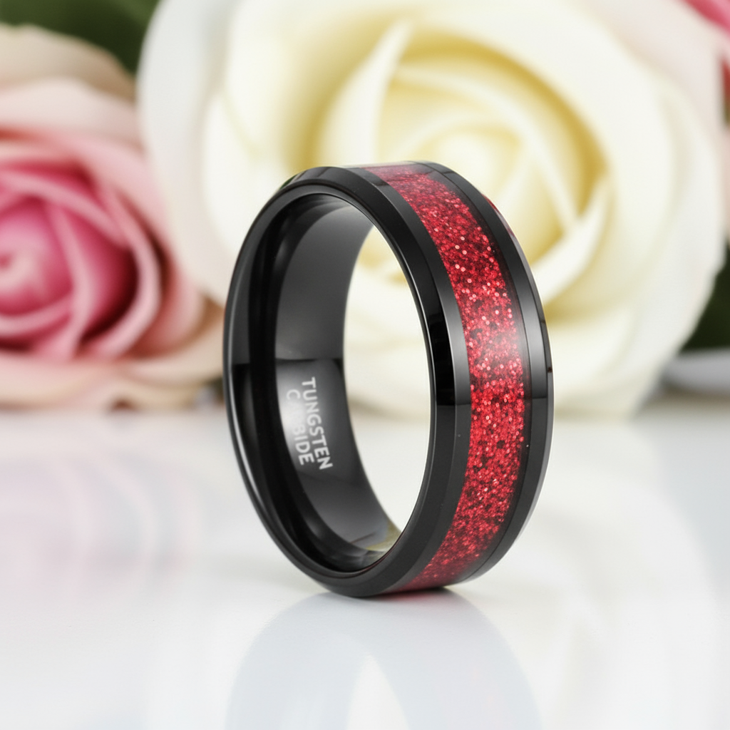 Sandstone Inlay Men's 8mm Tungsten Wedding Band-Black Diamonds New York