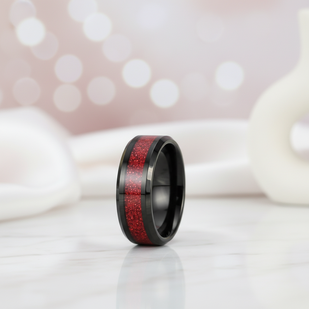 Sandstone Inlay Men's 8mm Tungsten Wedding Band-Black Diamonds New York
