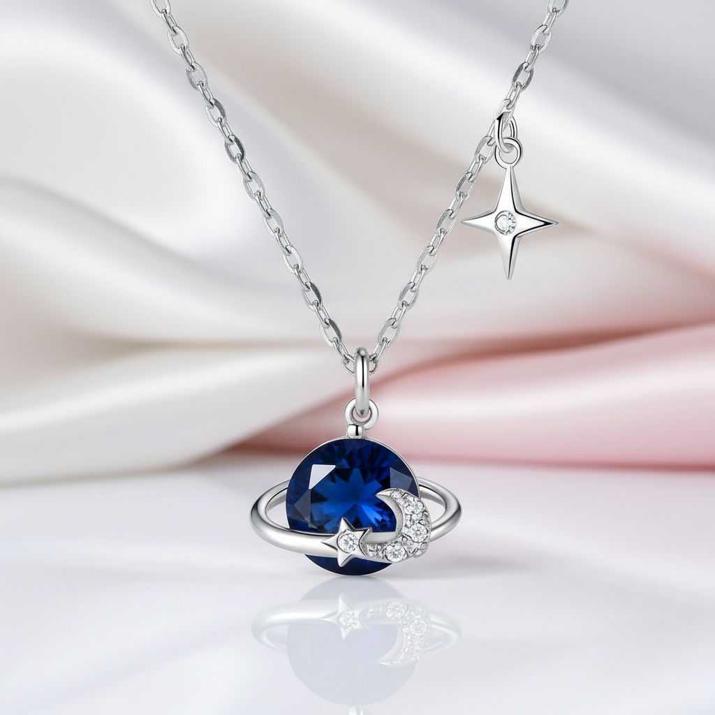 Saturn and Star Pendant with Diamond Necklace-Black Diamonds New York