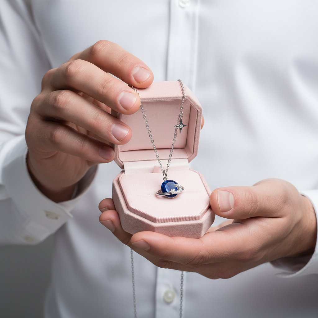 Saturn and Star Pendant with Diamond Necklace-Black Diamonds New York