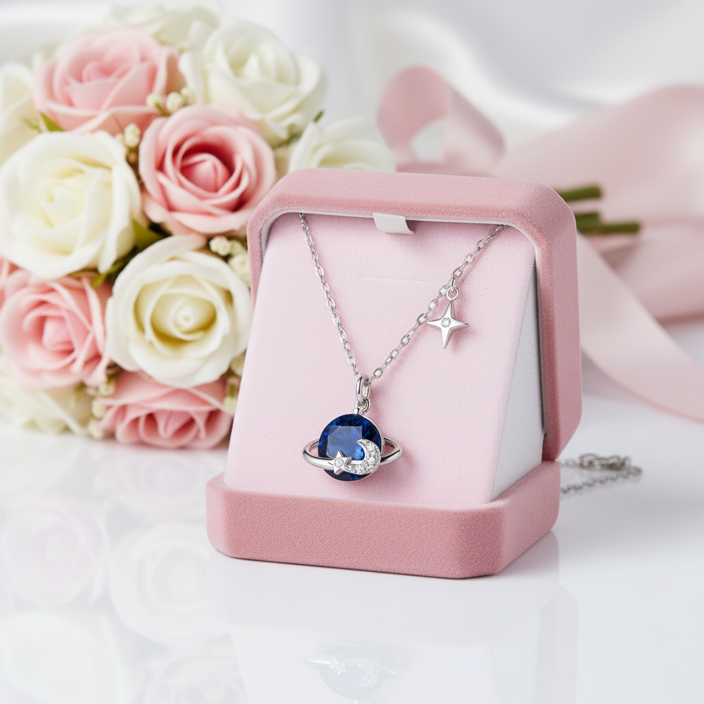 Saturn and Star Pendant with Diamond Necklace-Black Diamonds New York