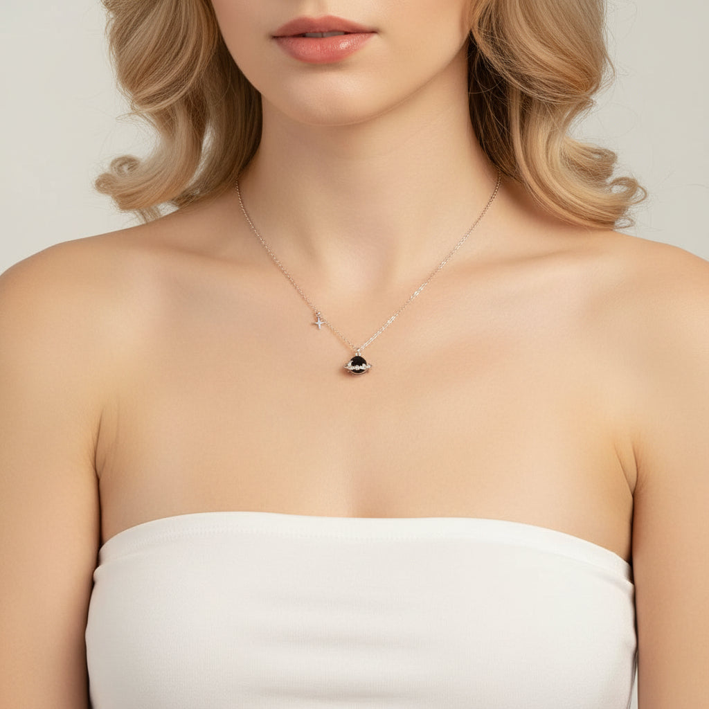 Saturn and Star Pendant with Diamond Necklace-Black Diamonds New York