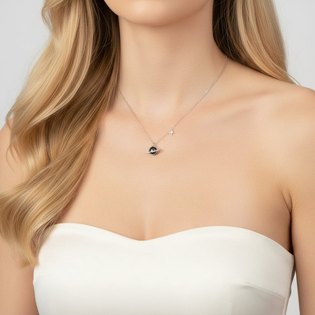 Saturn and Star Pendant with Diamond Necklace-Black Diamonds New York