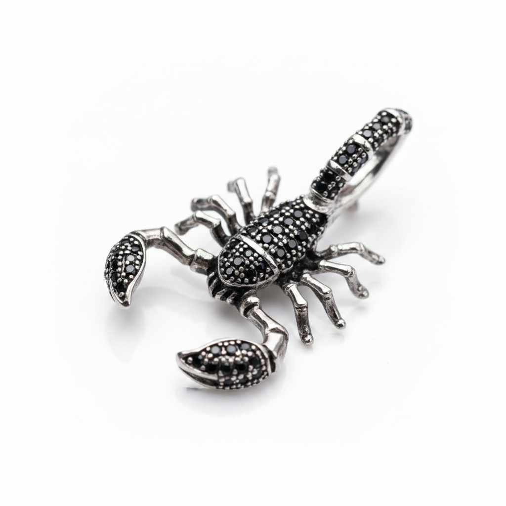 A silver-toned scorpion pendant embellished with small black stones by Black Diamonds New York