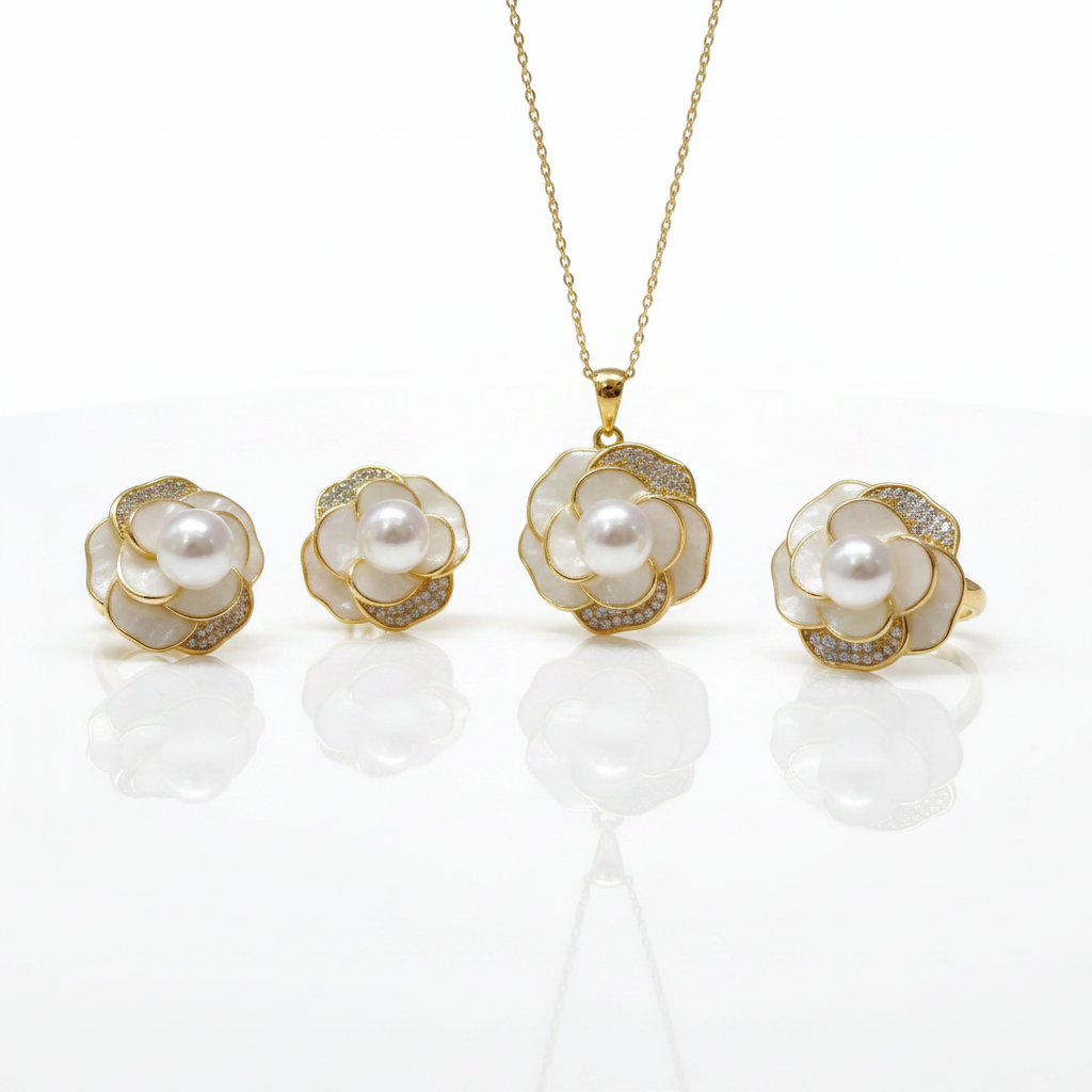 Shell Flower Freshwater Pearl Jewelry Set-Black Diamonds New York