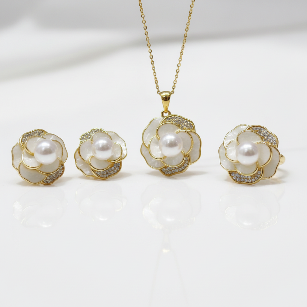 Shell Flower Freshwater Pearl Jewelry Set-Black Diamonds New York