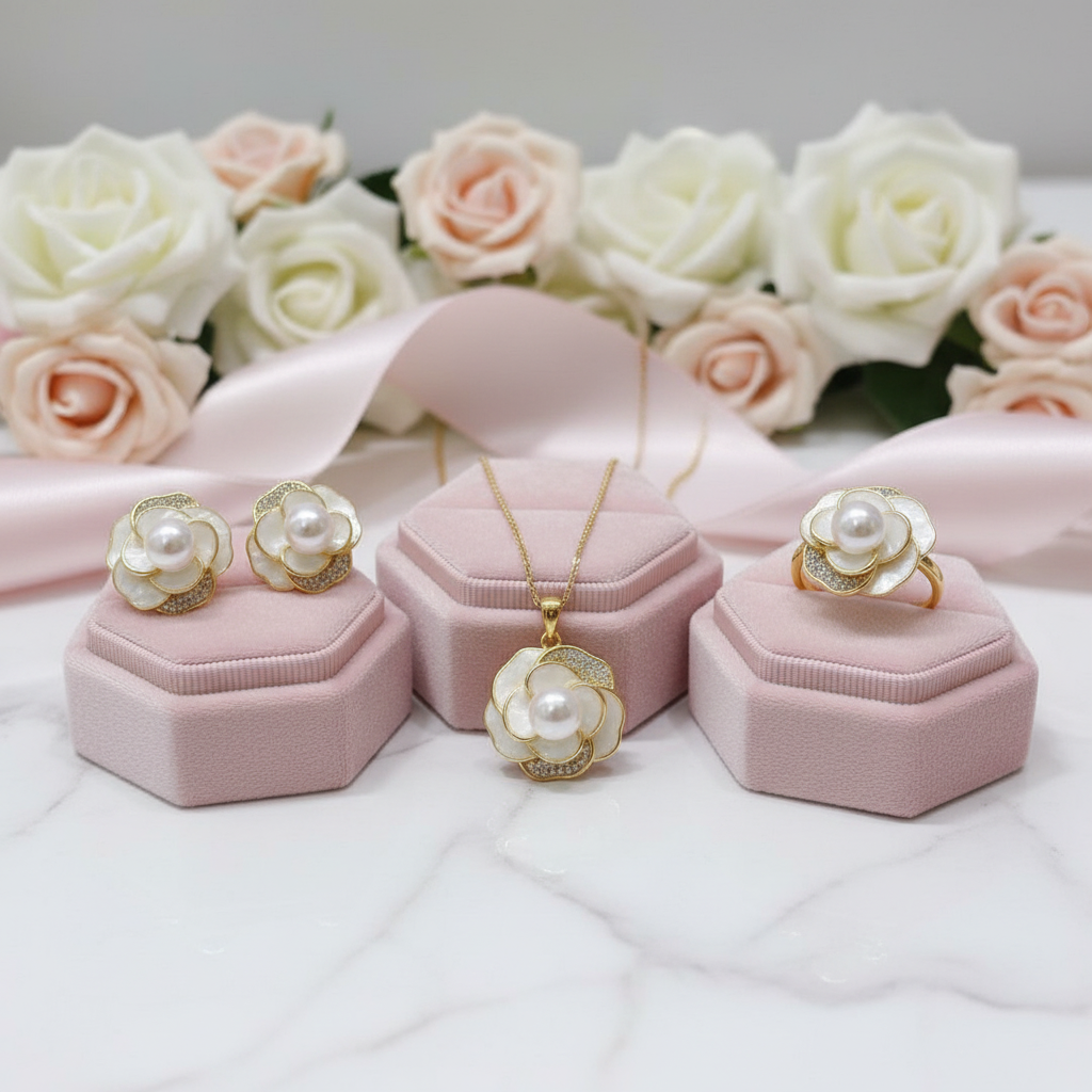 Shell Flower Freshwater Pearl Jewelry Set-Black Diamonds New York