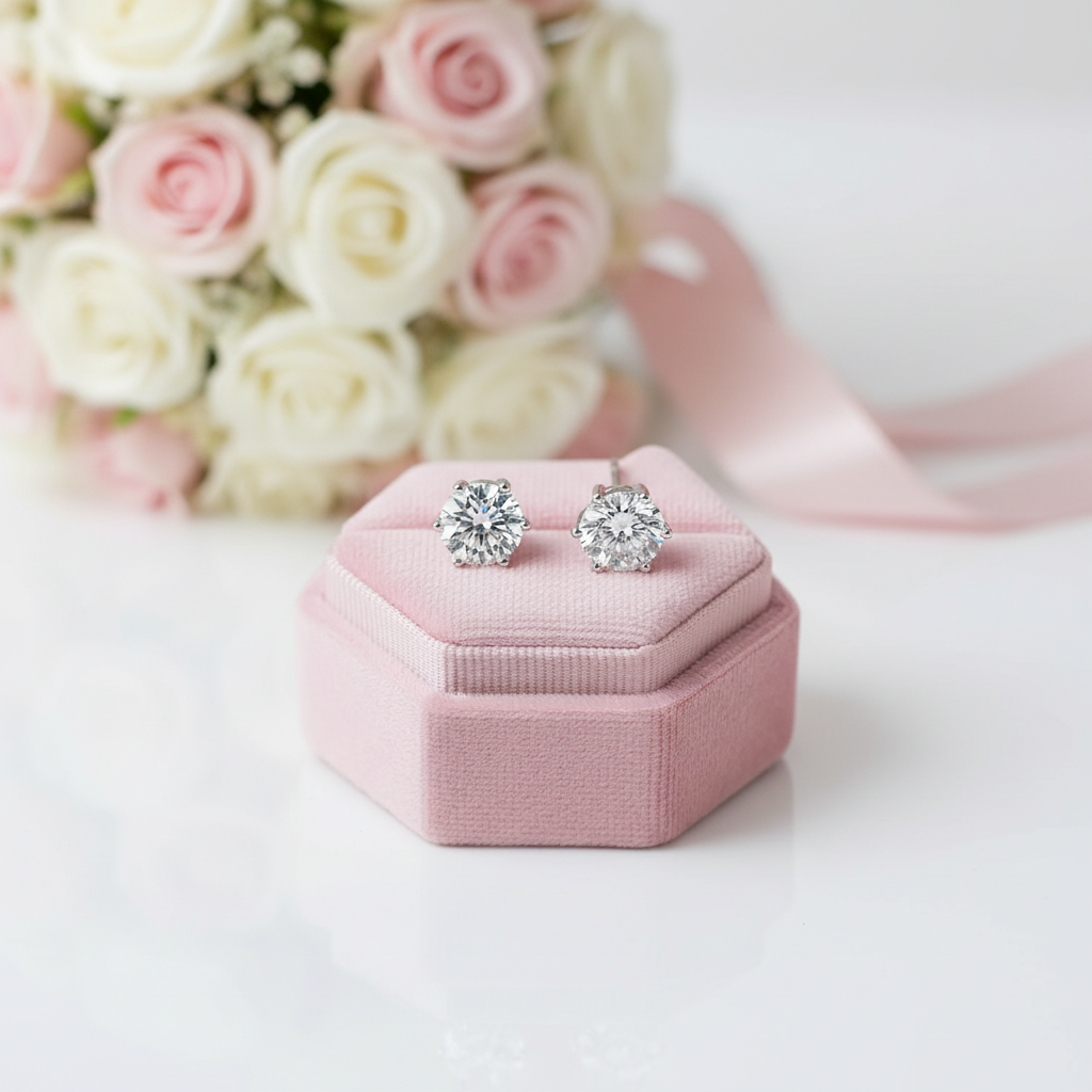 A pair of round-cut diamond stud earrings in a silver setting, displayed on a small pink velvet jewelry box with a soft-focus bouquet of pink and white roses in the background.