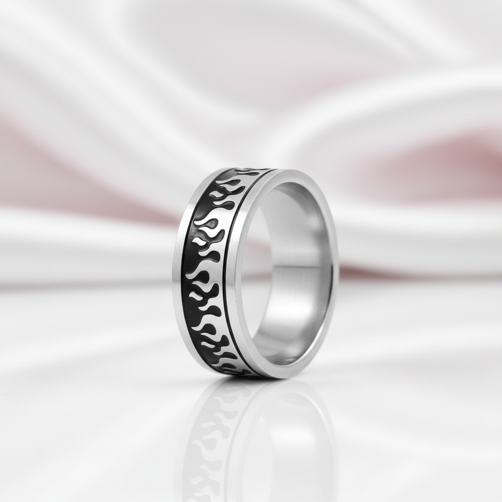 Silver & Black Gothic Flame Stainless Steel Ring-Black Diamonds New York