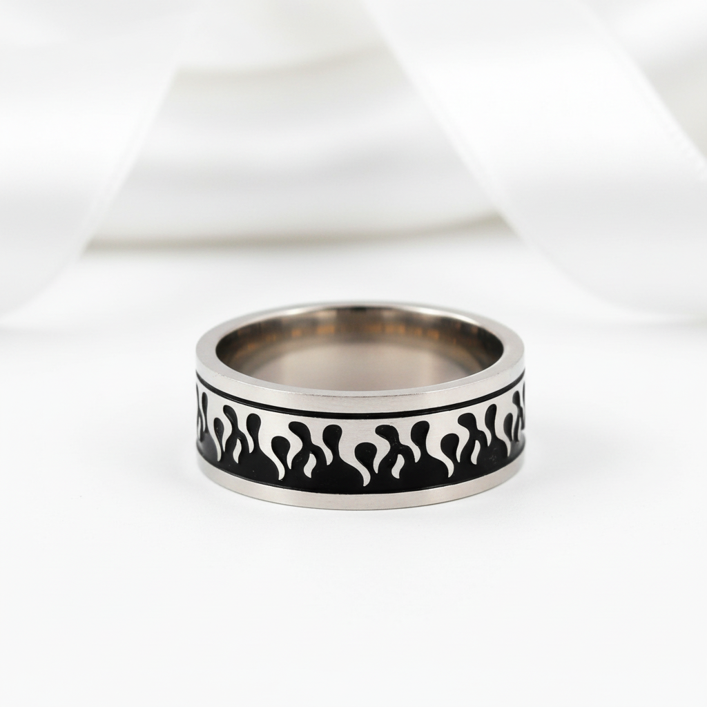 Silver & Black Gothic Flame Stainless Steel Ring-Black Diamonds New York
