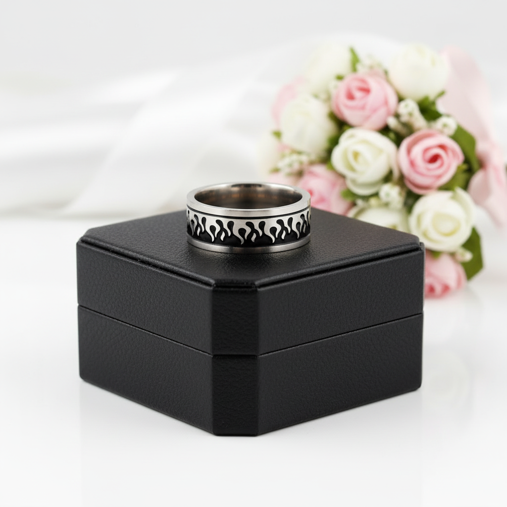 Silver & Black Gothic Flame Stainless Steel Ring-Black Diamonds New York
