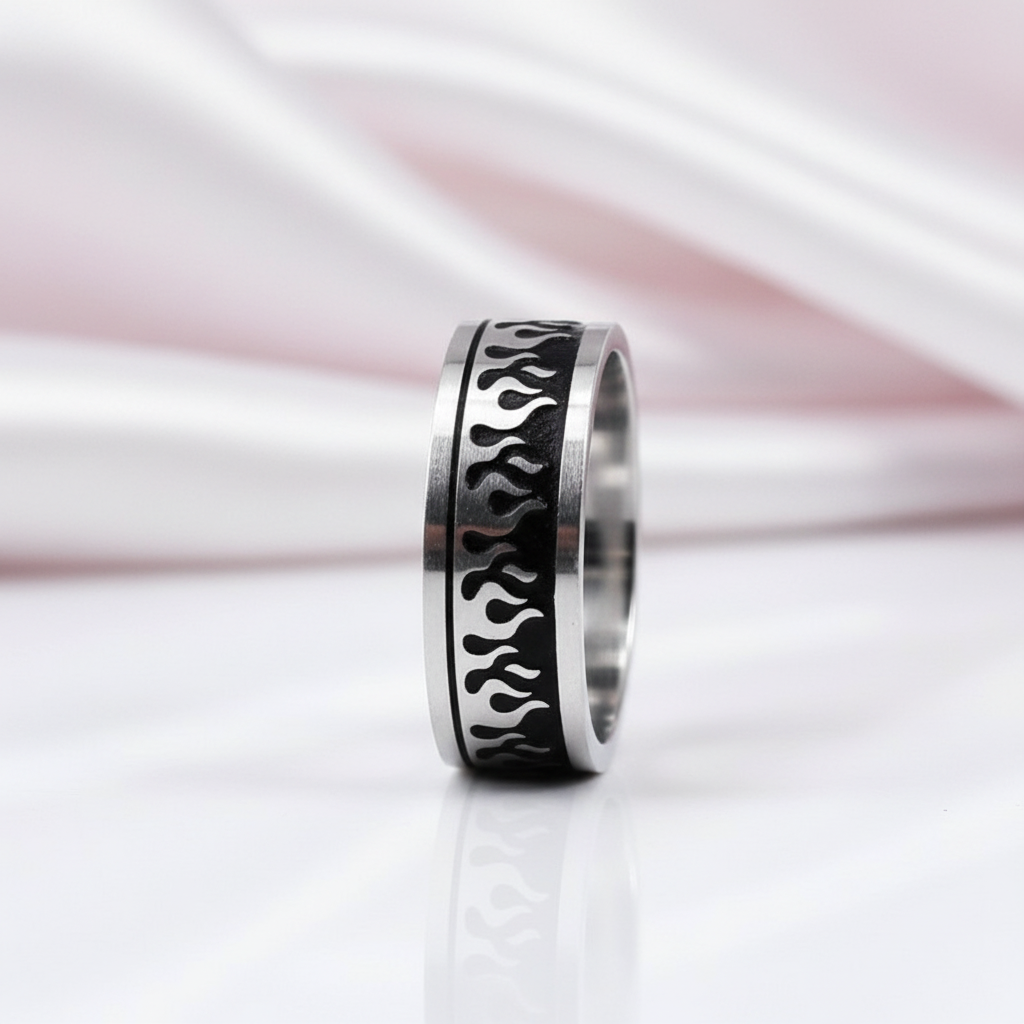 Silver & Black Gothic Flame Stainless Steel Ring-Black Diamonds New York