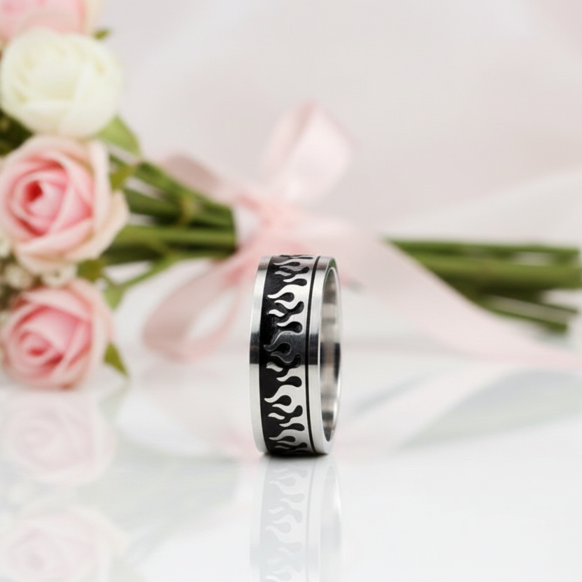 Silver & Black Gothic Flame Stainless Steel Ring-Black Diamonds New York