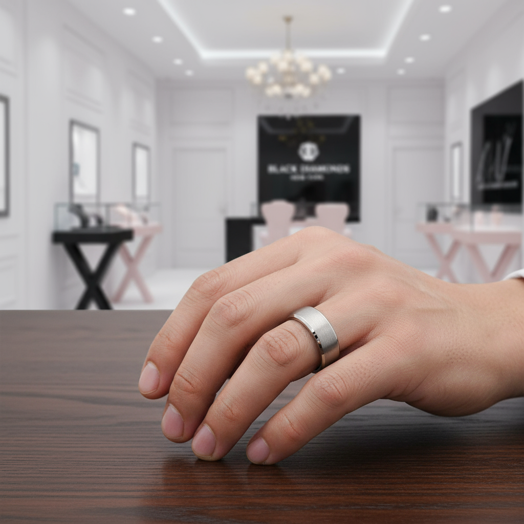 Silver Brushed Men's Tungsten Carbide Wedding Band-Black Diamonds New York