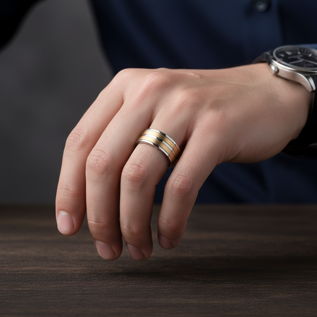 Silver & Gold Spin Men's Ring Band-Black Diamonds New York