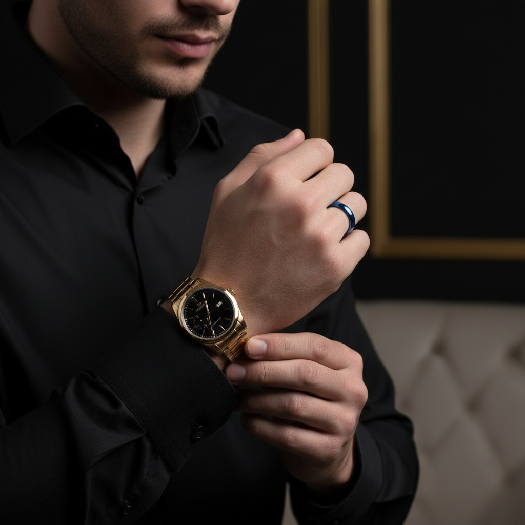 Simple Blue Men's Titanium Wedding Band-Black Diamonds New York