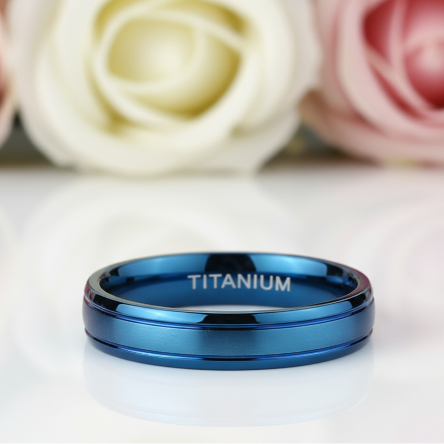 Simple Blue Men's Titanium Wedding Band-Black Diamonds New York