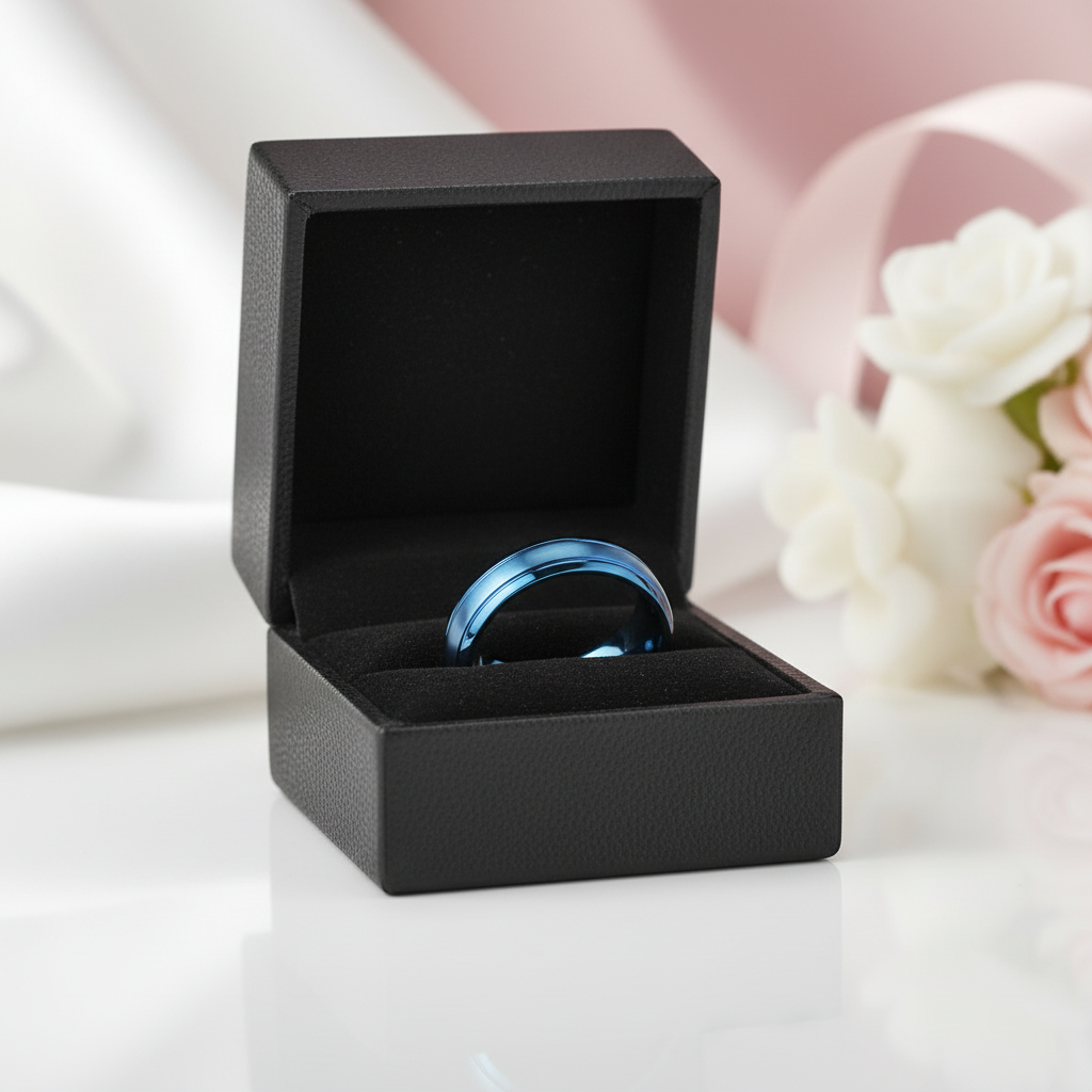 Simple Blue Men's Titanium Wedding Band-Black Diamonds New York