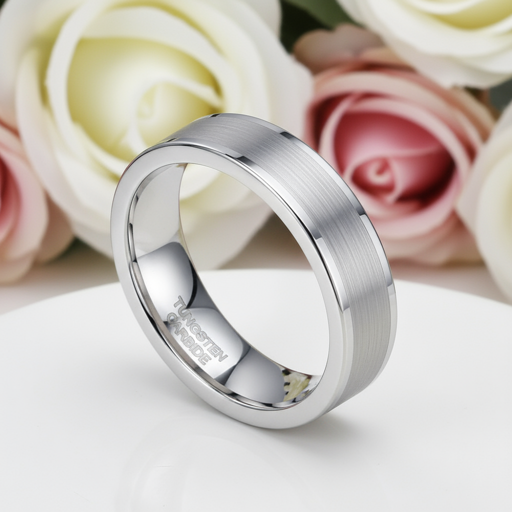 Simple Brushed Tungsten Wedding Band-Black Diamonds New York