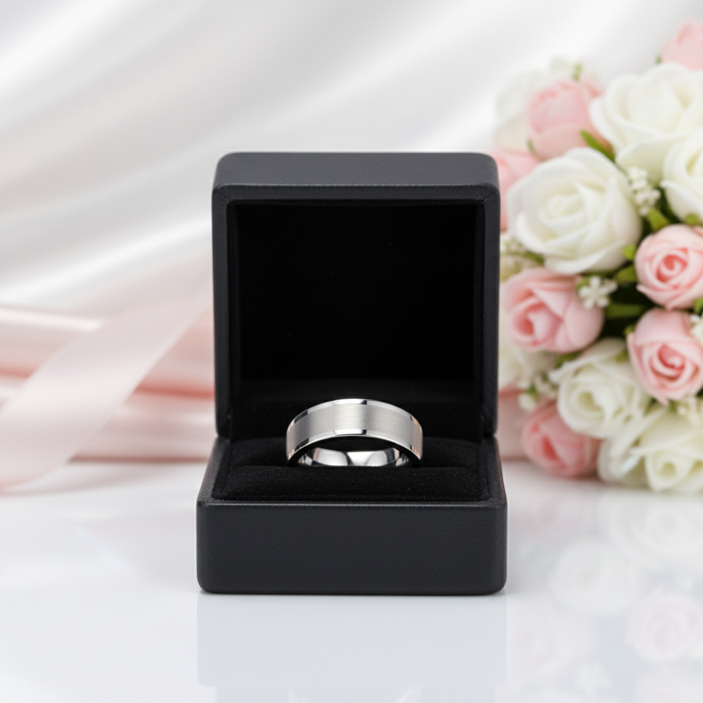 Simple Brushed Tungsten Wedding Band-Black Diamonds New York