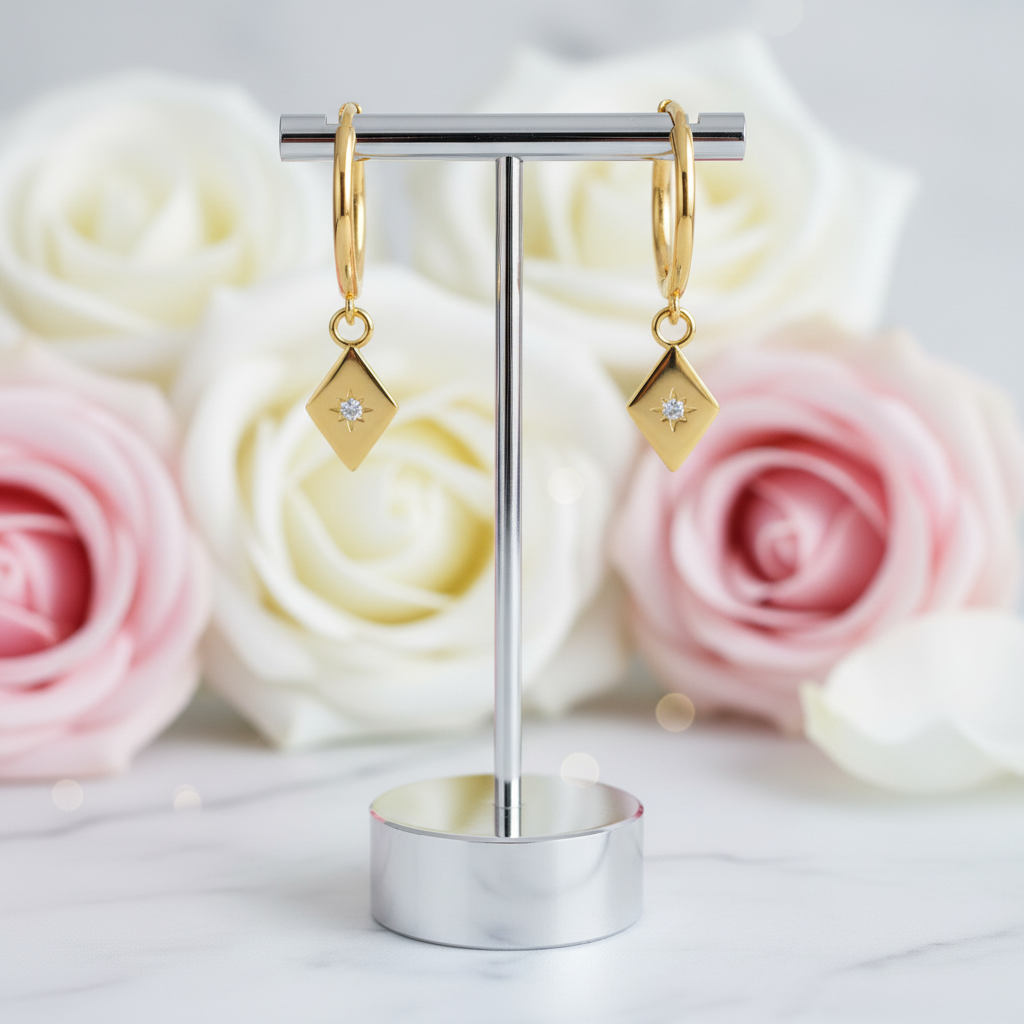 Simple Geometric with Star Hoop Earrings-Black Diamonds New York