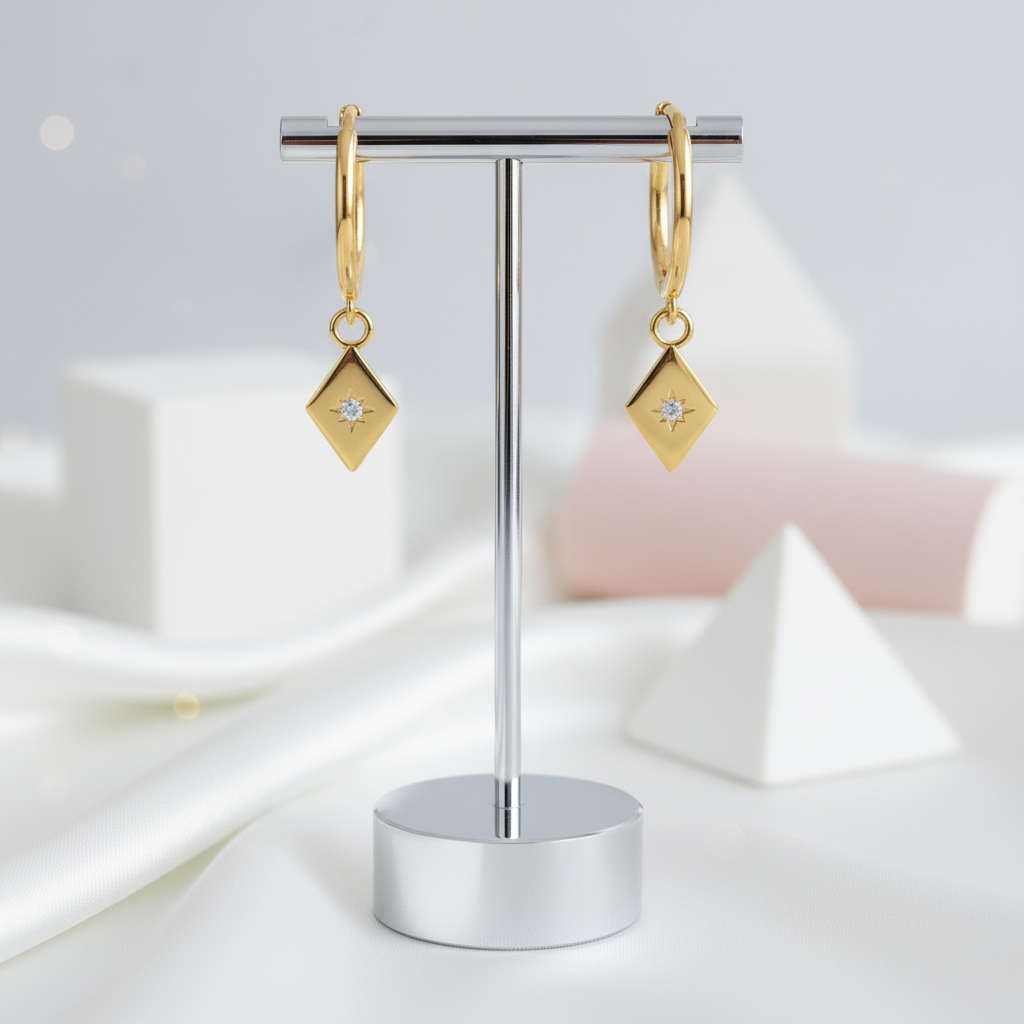 Simple Geometric with Star Hoop Earrings-Black Diamonds New York